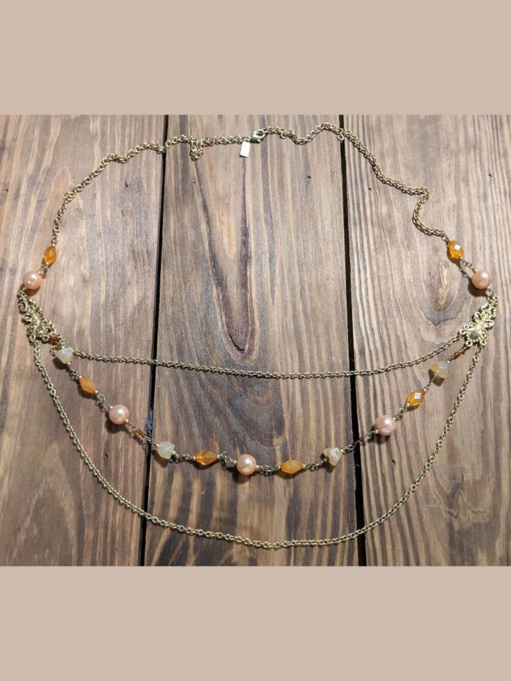 VINTAGE ESTATE SIGNED 1928 FAUX PEARL Bead GOLD TONE NECKLACE